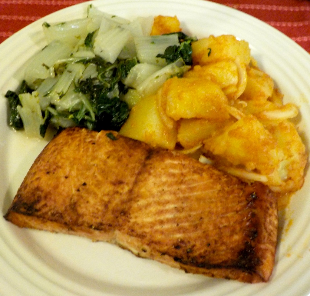 Simple Salmon with Pappa’s Potato Salad and Steamed Bok Choy